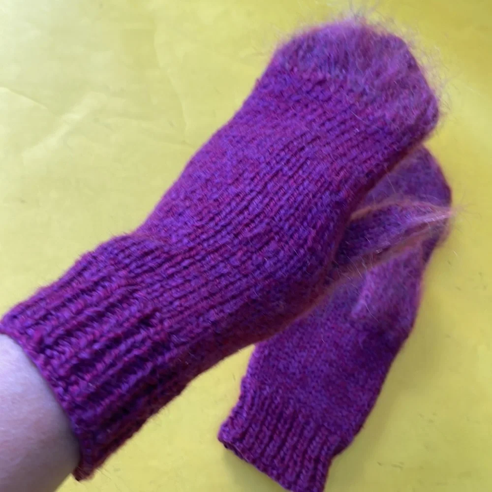 Purple hand knitted wool/French mohair mittens
